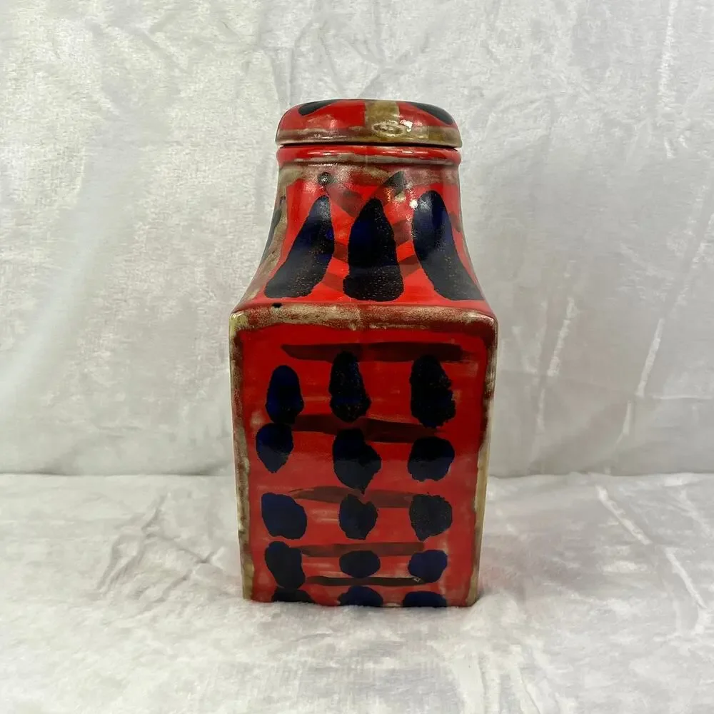 Handcrafted Red Blue Abstract Glazed Ceramic Vase 11.25